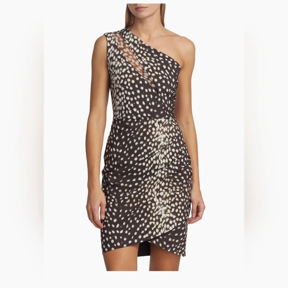 Chiara Boni Thalia Mini Dress Brown Cheetah One Shoulder Stretch Size IT 40 US 4